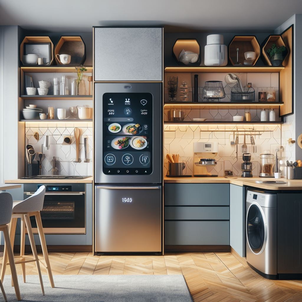 Modern kitchen with smart fridge, shelves with dishes, and various appliances on counters.