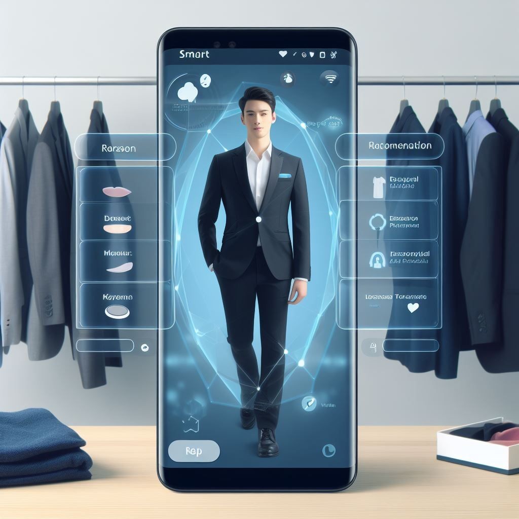 Smartphone display showing a digital avatar in a suit, with various customization options and clothing recommendations.