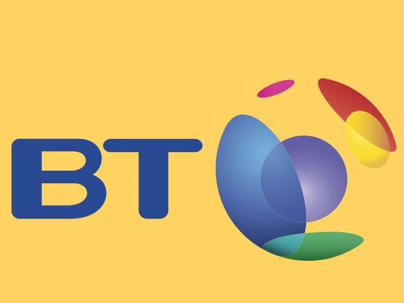 BT logo with colorful abstract shapes on a yellow background.