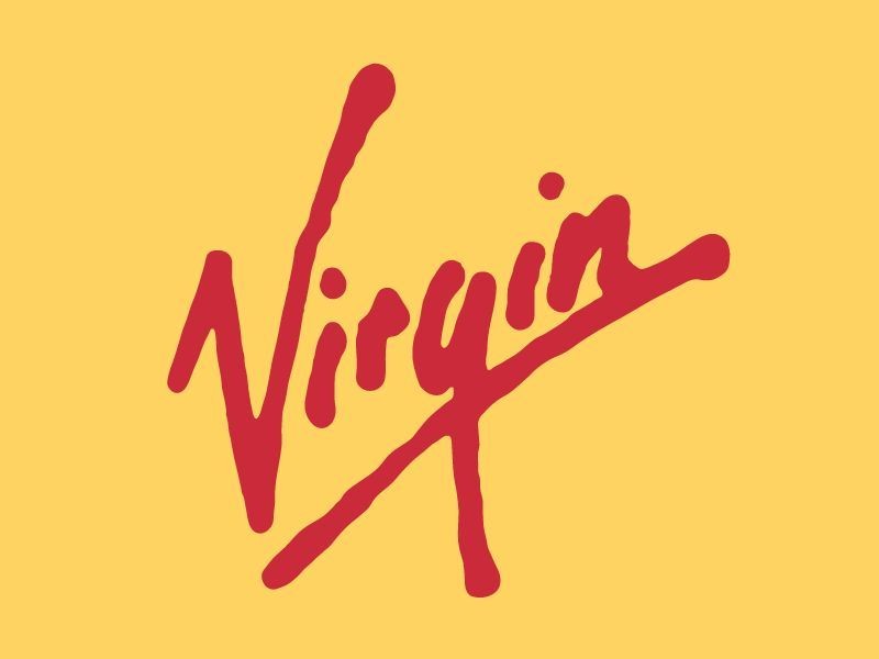 Red stylized text logo on a yellow background.